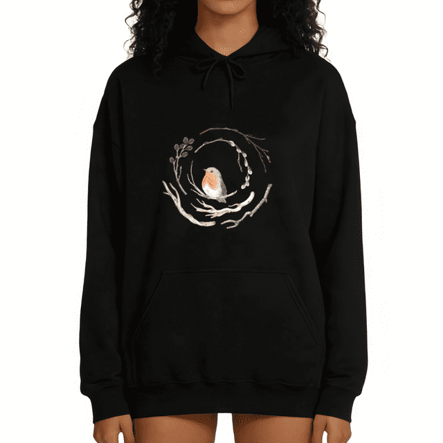 Womens Robin Bird On Branch Print Hoodie Oversized Black Nature Lover Casual Daily Wear Gift Tops S-2XL