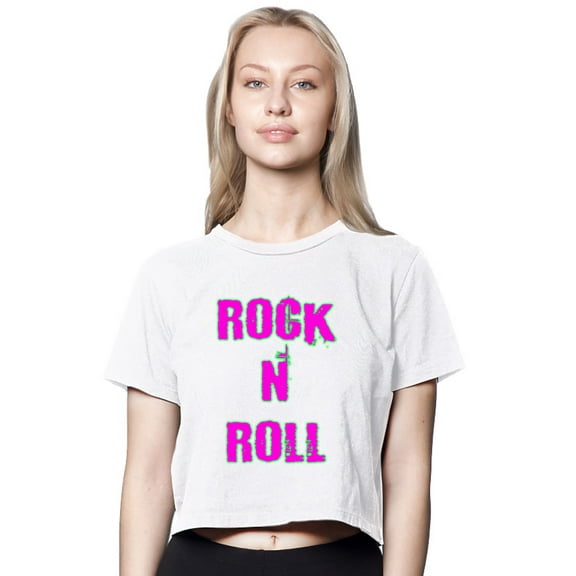 Womens Rock n Roll American-Made Cute Cropped Yoga Tee Shirt, XL White