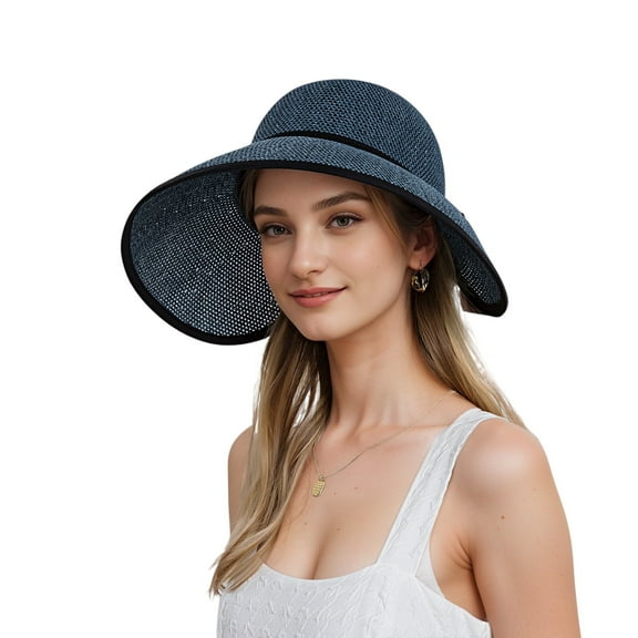 Womens Roll Up Straw Sun Visor Wide Brim Bow Detail Adjustable UV Protection Packable Summer Hat - Navy