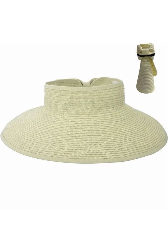 Womens Roll Up Sun Visor Wide Brim Straw Hat Summer Foldable UV Protection Caps(Beige)