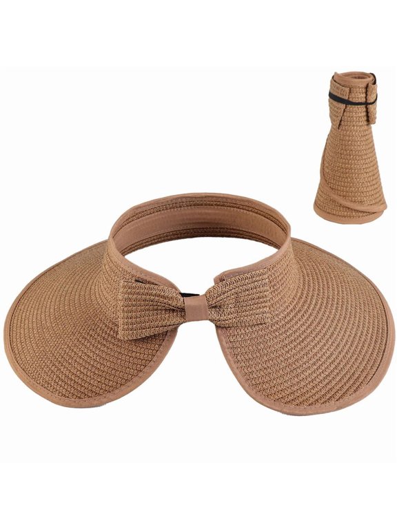 Womens Roll Up Sun Visor Wide Brim Straw Hat Summer Foldable UV Protection Caps(Khaki)