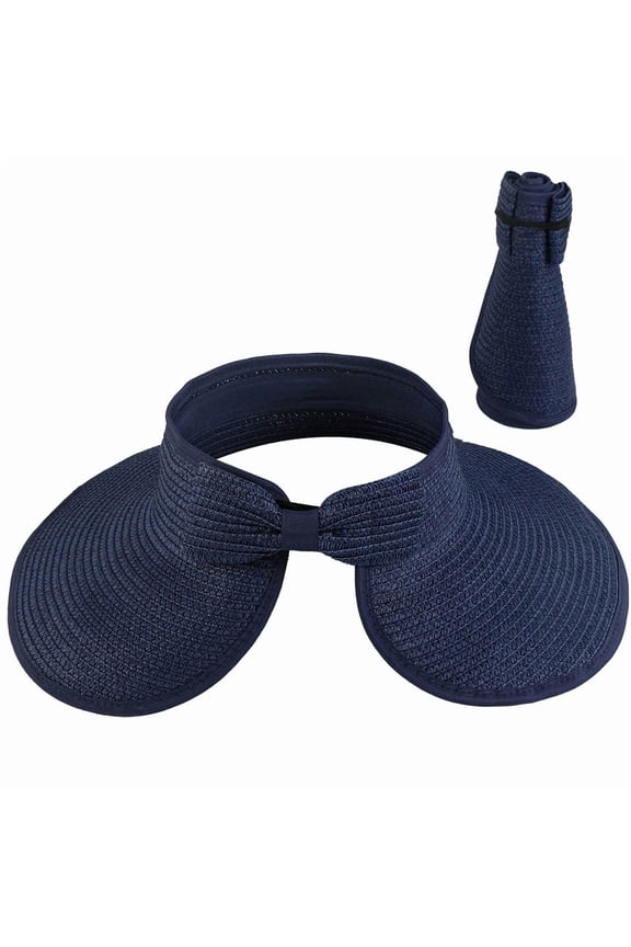 Womens Roll Up Sun Visor Wide Brim Straw Hat Summer Foldable UV Protection Caps(Navy Blue)
