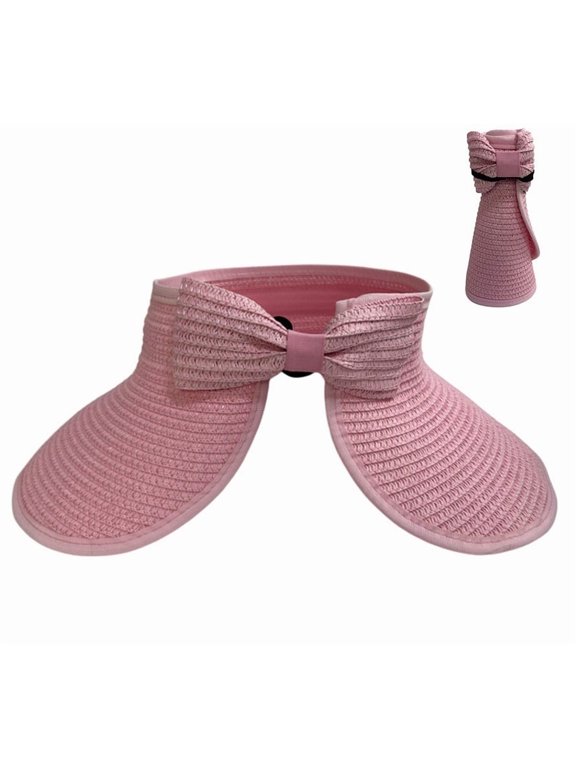Womens Roll Up Sun Visor Wide Brim Straw Hat Summer Foldable UV Protection Caps(Pink)