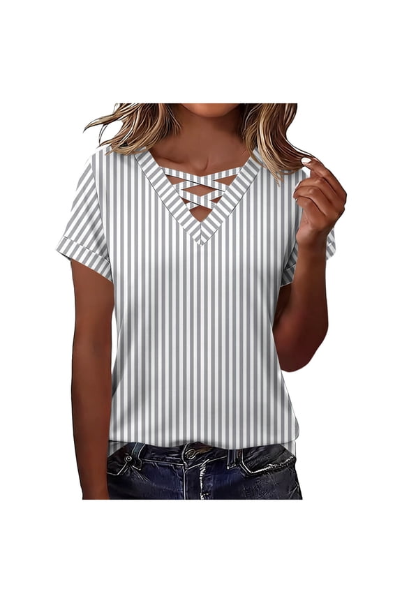 Womens Rolled Short Sleeve Criss Cross V Neck Striped Summer Tops 2026, Casual Lattice Strappy Cutout Shirts Stretch Jersey Loose Fit Curved Hem Basic Blouse