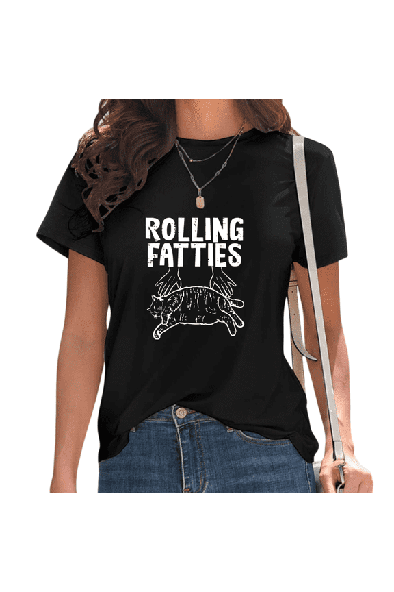 Womens Rolling Fatties Print Tshirt Graphic Tees Shirts Black Funny Cat Casual Daily Wear Meme Gift Tops S-5XL