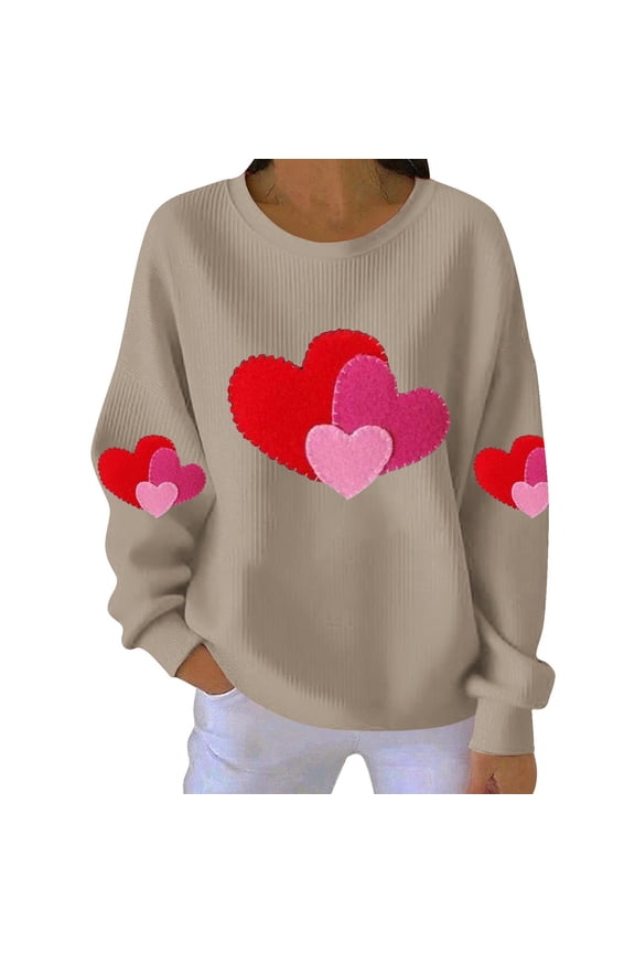 Womens Romantic Rib-Knit Valentine Top - Heart Print Textured Pullover with Grooved Thread, Casual Long Sleeve Crewneck Sweatshirt, 2026 Cozy Gift