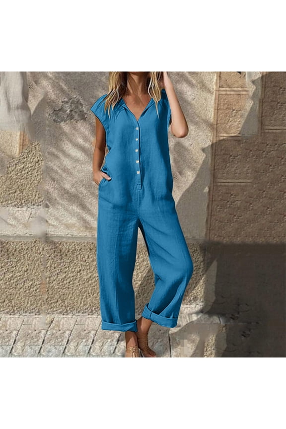Womens Romper Button Down Overalls Style Long Pants Casual Jumpsuit 1 Piece For Summer Daily Wear Loose