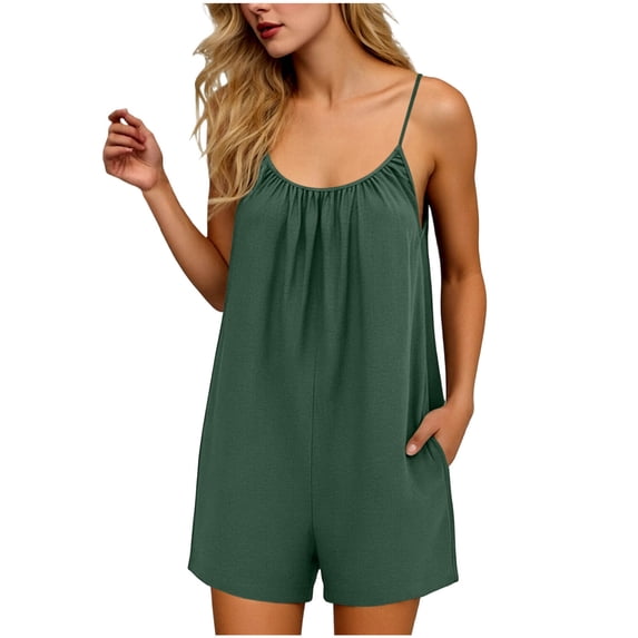 Womens Romper Fashion Sleeveless Spaghetti Straps Jumpsuit One Piece Overalls Causal Shorts Rompers Army Green L