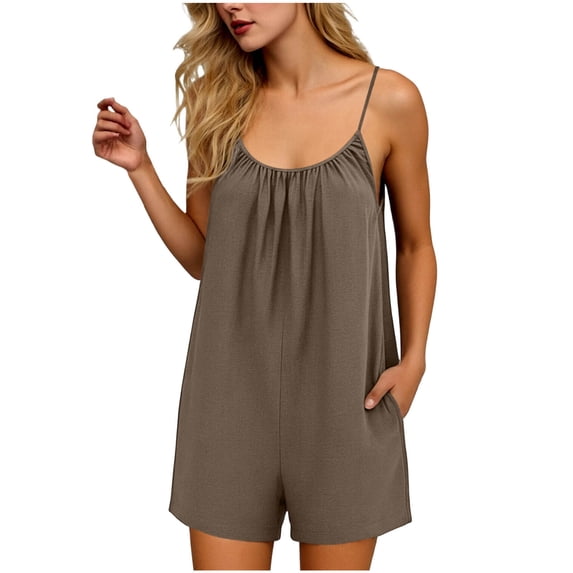 Womens Romper Fashion Sleeveless Spaghetti Straps Jumpsuit One Piece Overalls Causal Shorts Rompers Brown XL