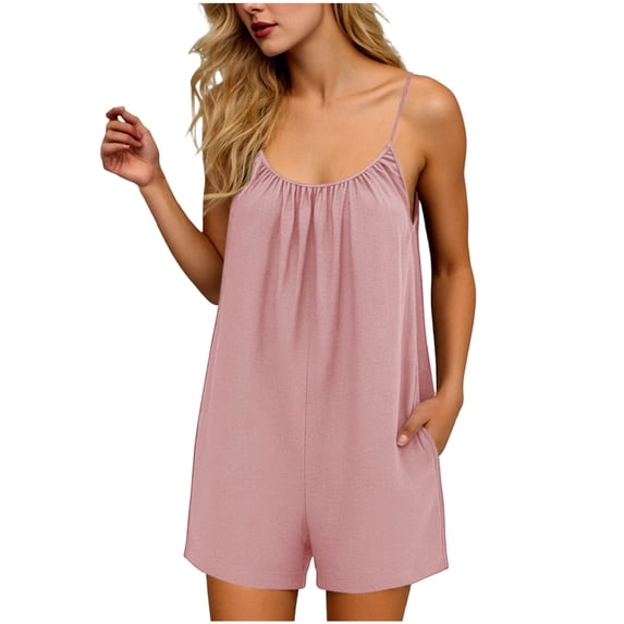Womens Romper Fashion Sleeveless Spaghetti Straps Jumpsuit One Piece Overalls Causal Shorts Rompers Pink S