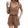 thumbnail image 1 of Womens Romper Sleeveless Spaghetti Strap Linen Overalls V Neck Button Front Drawstring Waist Jumpsuit Shorts with Pockets Brown XS, 1 of 4