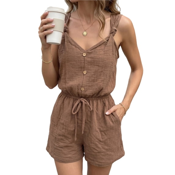 Womens Romper Sleeveless Spaghetti Strap Linen Overalls V Neck Button Front Drawstring Waist Jumpsuit Shorts with Pockets Brown XS
