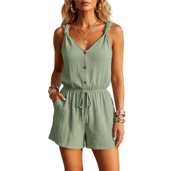 Womens Romper Sleeveless Spaghetti Strap Linen Overalls V Neck Button Front Drawstring Waist Jumpsuit Shorts with Pockets Cyan XS