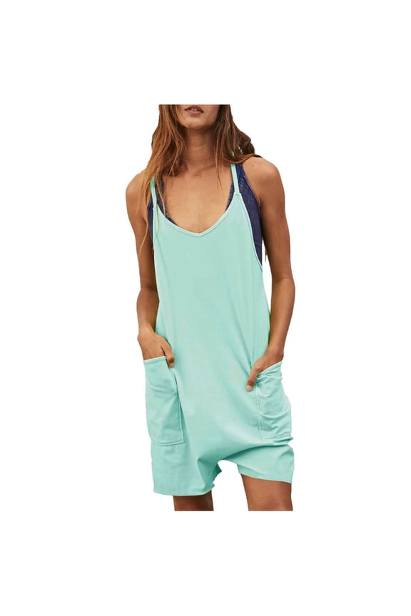 Womens Romper Summer Casual Short Jumpsuit Spaghetti Straps Sleeveless V Neck Boho Cami Rompers Playsuit with Pockets