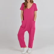 BSYOUFIER Womens Rompers And Jumpsuits 2024 Wide Leg Casual Solid Loose Pocket Long Short Sleeve Jumpsuit Hot Pink M