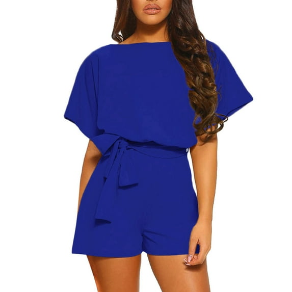 Womens Rompers for Beach Vacation New 2025 Womens Summer Belted Romper Keyhole Back Short Sleeve One Piece Wide Leg Jumpsuit Playsuit Blue L