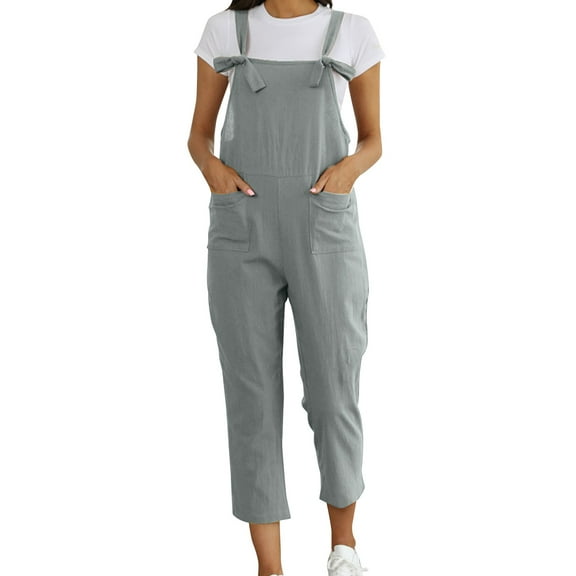 Womens Rompers For Summer Capri Washed Linen Bib Jeans Overalls Ripped Linen Jumpsuits For Women Summer Grey XL