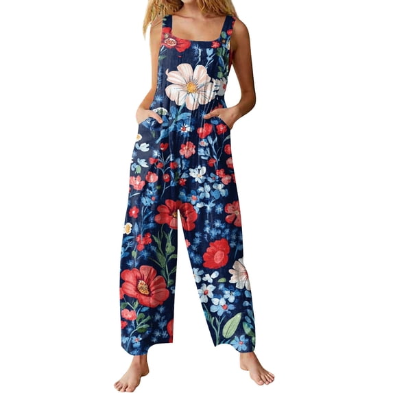 Womens Rompers and Jumpsuits, Festive Independence Day Print Jumpsuit Autumn Layering Essential Women's Retro Pumpkin Patch Outfit Adjustable Strap Overalls Vintage Loose Fit Blue Xxl