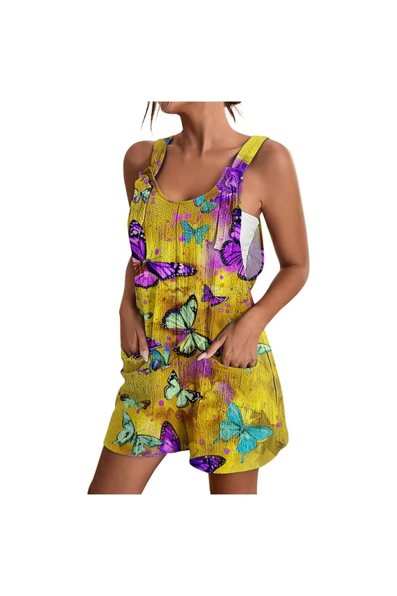 Womens Rompers Jumpsuits Summer Sleeveless Adjustable Knot Straps Shorts Butterfly Floral Print Overall Stretchy Jumpers with Pockets