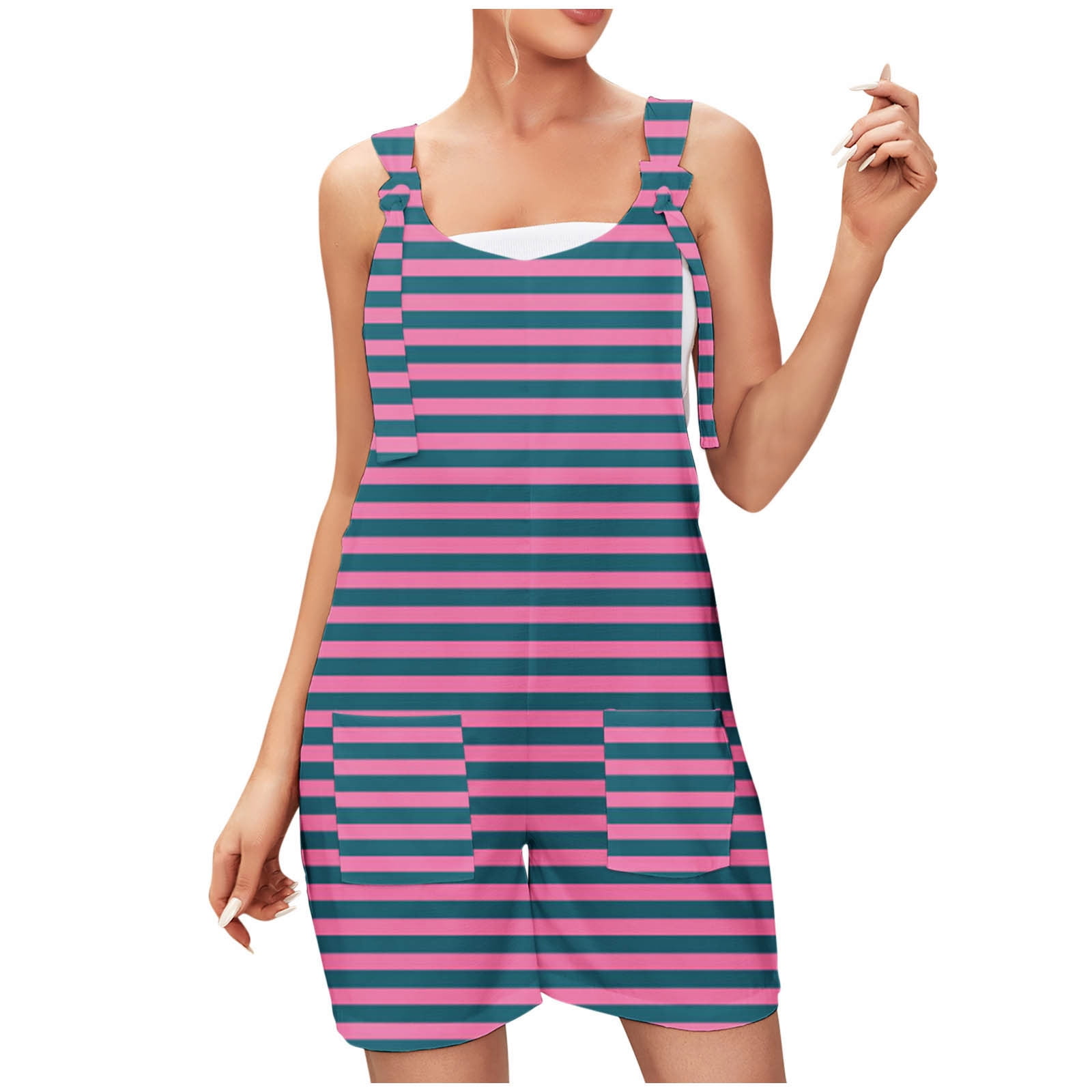 Womens Rompers Jumpsuits Summer Striped Print Sleeveless Adjustable