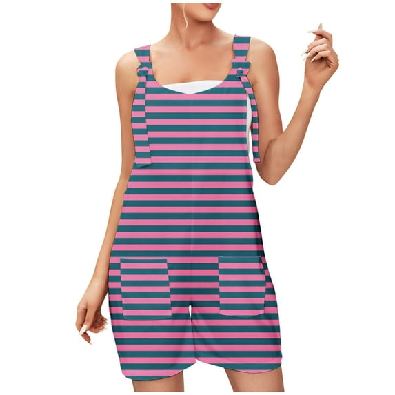 Womens Rompers Jumpsuits Summer Striped Print Sleeveless Adjustable Knot Straps Shorts Overall Stretchy Jumpers with Pockets