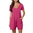 thumbnail image 1 of Womens Rompers for Casual Short Sleeve Jumpsuits V Neck Loose Overall Shorts with Pockets Summer Outfits, S Hot Pink|Short-sleeved, 1 of 8