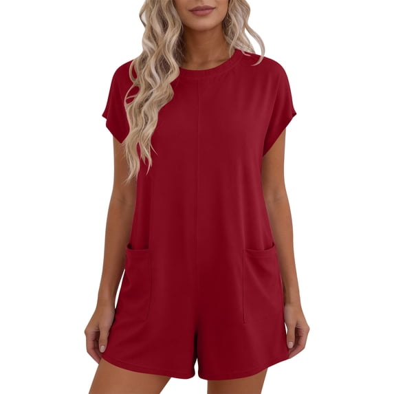 Womens Rompers for Summer Crew Neck Short Sleeve Overalls Shorts with Pockets Dressy One Piece Jumpsuits