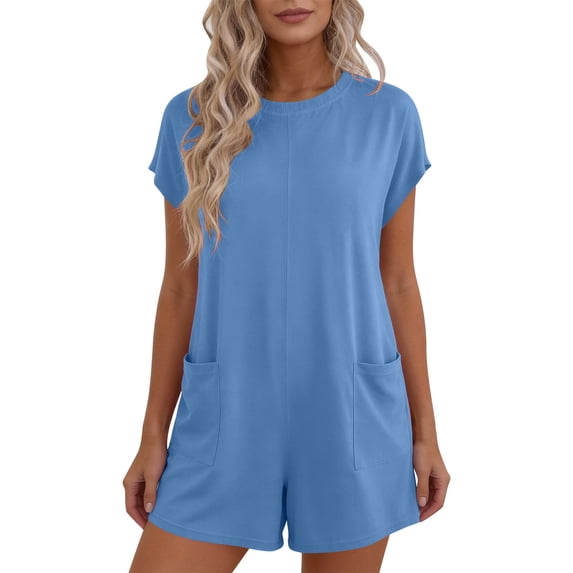 Womens Rompers for Summer Crew Neck Short Sleeve Overalls Shorts with Pockets Dressy One Piece Jumpsuits