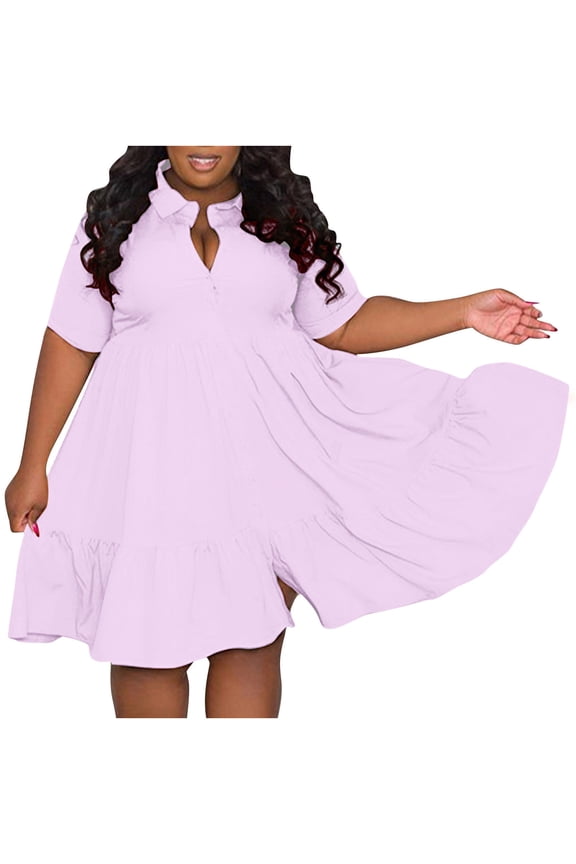 Womens Rompers for Summer Fashion Solid Color Lapel Breasted Short Sleeve Shirt Dress Loose Flowy Beach Sundress Pink (Size:XL-5XL)