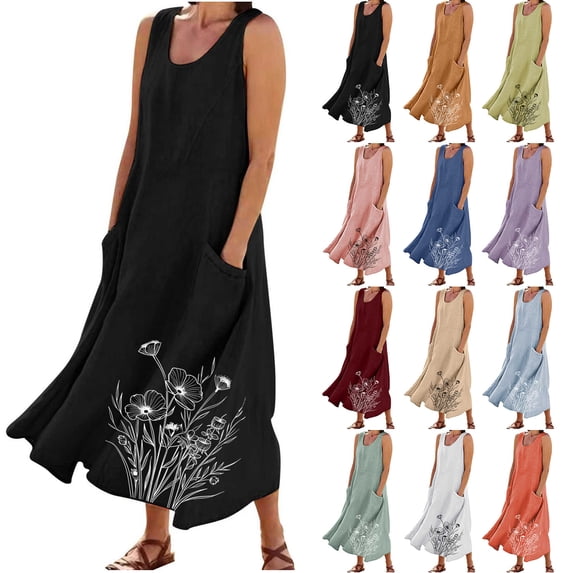 Womens Rompers for Summer Fashion Solid Color Sleeveless Round Neck Pocket Dress Skirt A-Line Party Dress with Pockets Black (Size:S-5XL)