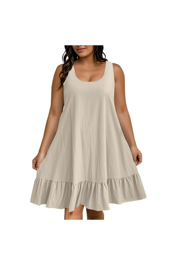 Womens Rompers for Summer Fashion Spring Sleeveless Round Neck Dress Fashion Beach Vacation Clothes Beige (Size:L-5XL)