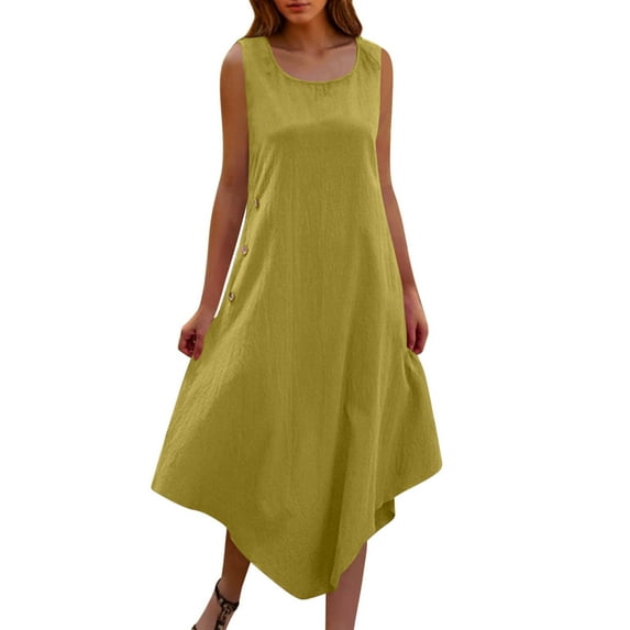 Womens Rompers for Summer Solid Color Loose Sleeveless Round Neck Side Buttons Irregular Dress Floral Vocation Beach Sundress