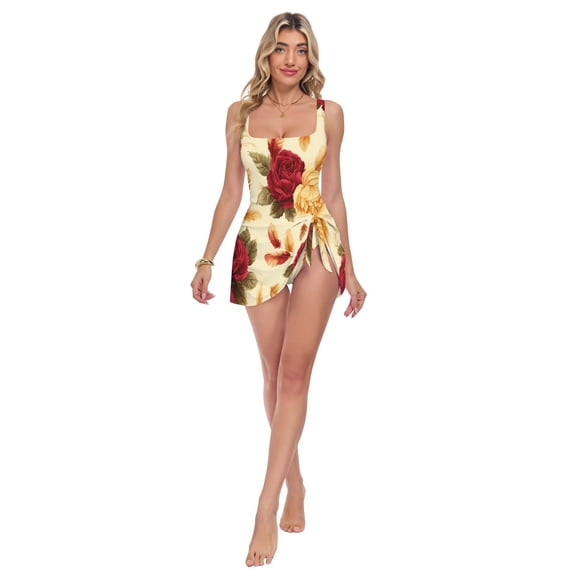 Womens Rose Feather Pattern Print 2-in-1 Swim Dress Detachable Skirt One-Piece Swimsuit Square Neck S-XXL