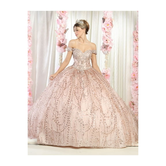 Womens Rose Gold Quinceanera Pageant Sweet 16 Long Sweetheart Off Shoulder Ball Gown Plus Size Dress