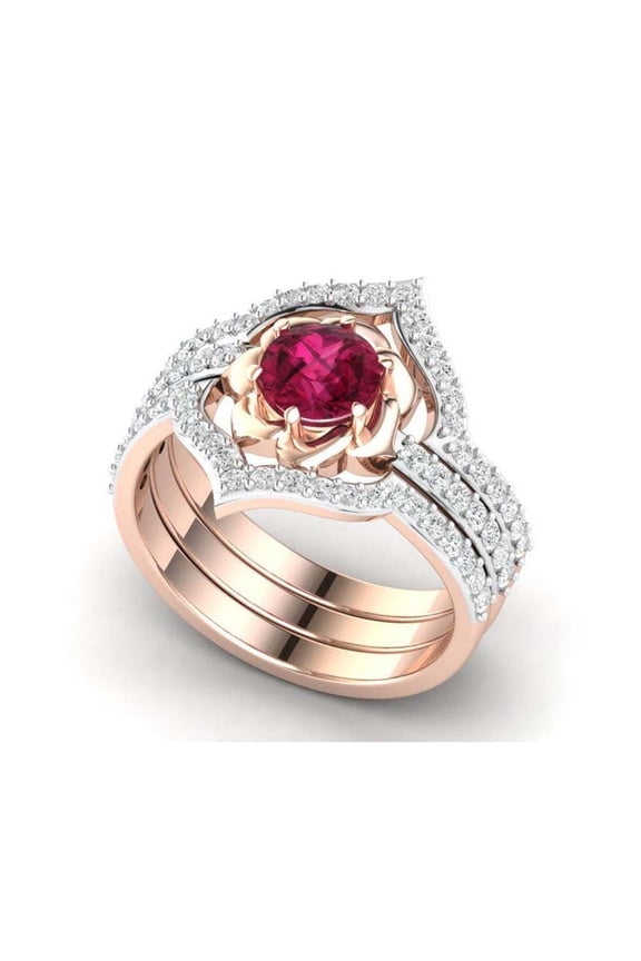 Womens Rose Gold Ruby Flower Ring With Diamond Accent Fashion Jewelry Gift For Birthday Anniversary Glam Style
