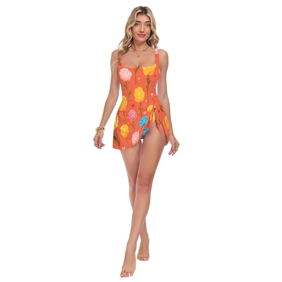 Womens Rose Heart Pattern Print 2-in-1 Swim Dress Detachable Skirt One-Piece Swimsuit Square Neck S-XXL