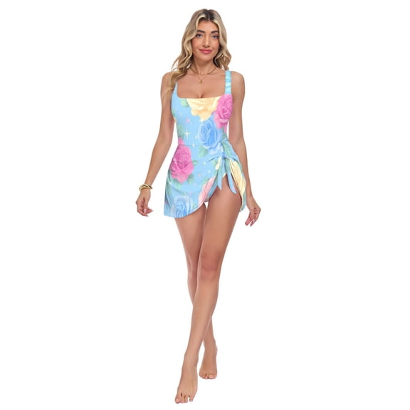 Womens Roses Blue Background Pattern Print 2-in-1 Swim Dress Detachable Skirt One-Piece Swimsuit Square Neck S-XXL