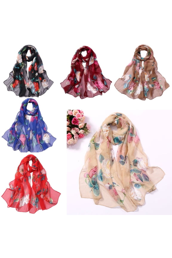 Womens Roses Print Long Soft Wrap Scarf Simulated Silk Shawl Scarves