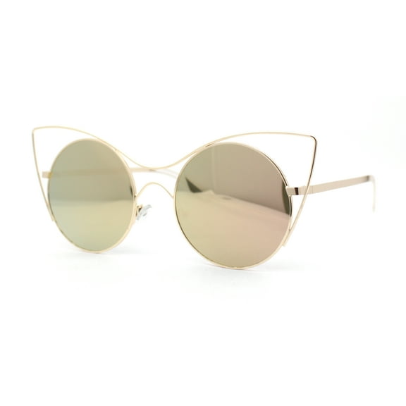 Womens Round Circle Lens Negative Space Wire Rim Cat Eye Sunglasses Gold - Gold Mirror