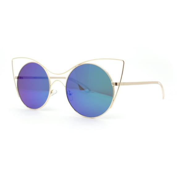 Womens Round Circle Lens Negative Space Wire Rim Cat Eye Sunglasses Gold - Teal Mirror