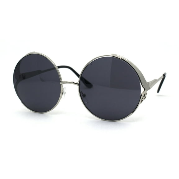 Womens Round Circle Lens Side Visor Retro Sunglasses Silver Black