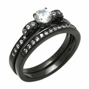 Womens Round Cut CZ Black IP Stainless Steel Wedding 2 Pieces Ring Set - Size 9