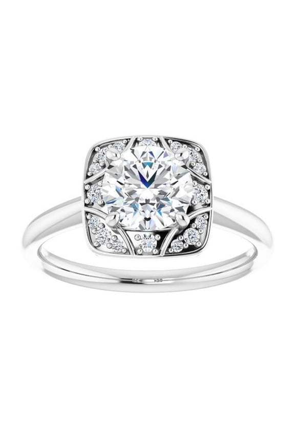 Womens Round Diamond Ring, Square Halo Diamond Engagement Wedding Ring, Stacking Diamond Ring, 14K White Gold Plated, 2.1 Ct Simulated Diamond, Anniversary Gift Ring For Wife