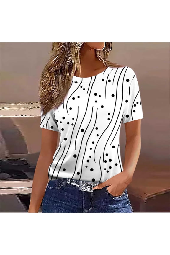 Womens Round Neck Abstract Top Black & White Line Art Graphic - Modern Oversized Casual Summer Shirt