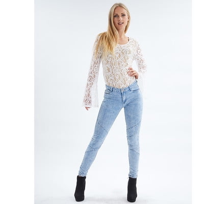 Womens Round Neck Bell Sleeves Bodysuit Tops for Tummy Control Thong Sheer Lace Shaper