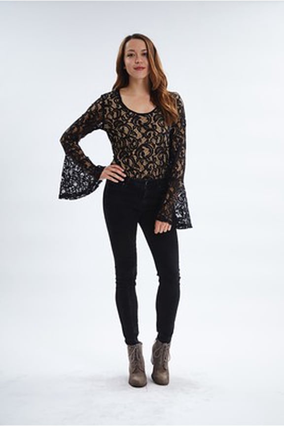 Womens Round Neck Bell Sleeves Bodysuit Tops for Tummy Control Thong Sheer Lace Shaper