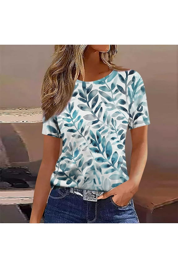 Womens Round Neck Botanical Top Vibrant Tropical Leaf Print - Lightweight Loose Fit Short Sleeve Casual Blouse