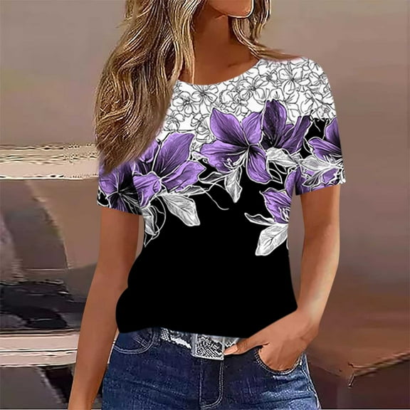 Womens Round Neck Floral Shirt Purple & Fuchsia Bold Contrast Bloom Design - Soft Polyester Blend Summer Tunic