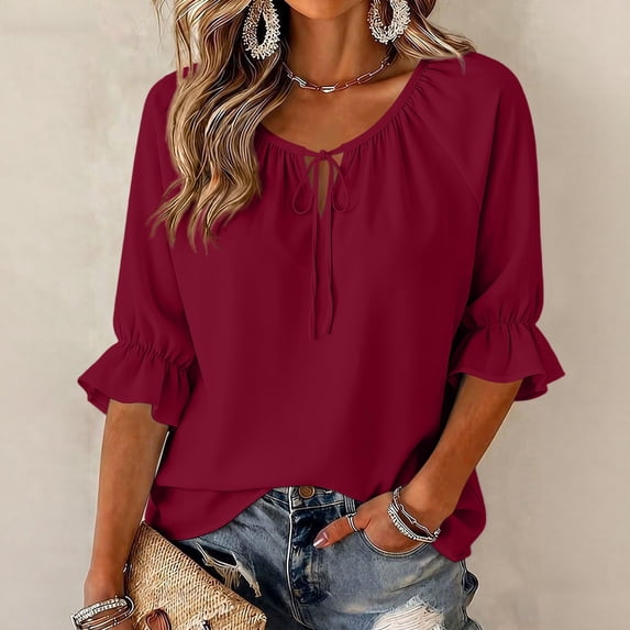 Womens Round Neck Half Sleeve Tops Keyhole Ruffled Cuff Retro Shirts Casual Soft Loose Fit Blouses 2XL