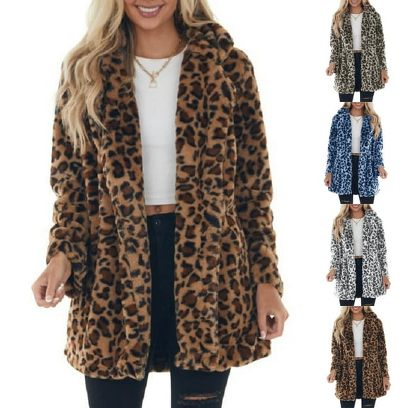 Womens Round Neck Leopard Print Plush Coat Pocket Suitable for Basic Model Autumn and Winter Wear 2025 Brown M